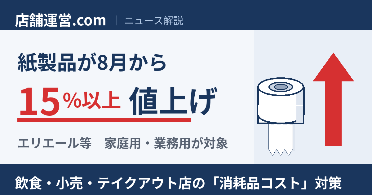 紙製品が8月から15％以上値上げ。エリエール等 家庭用・業務用が対象。飲食・小売・テイクアウト店の消耗品コスト対策